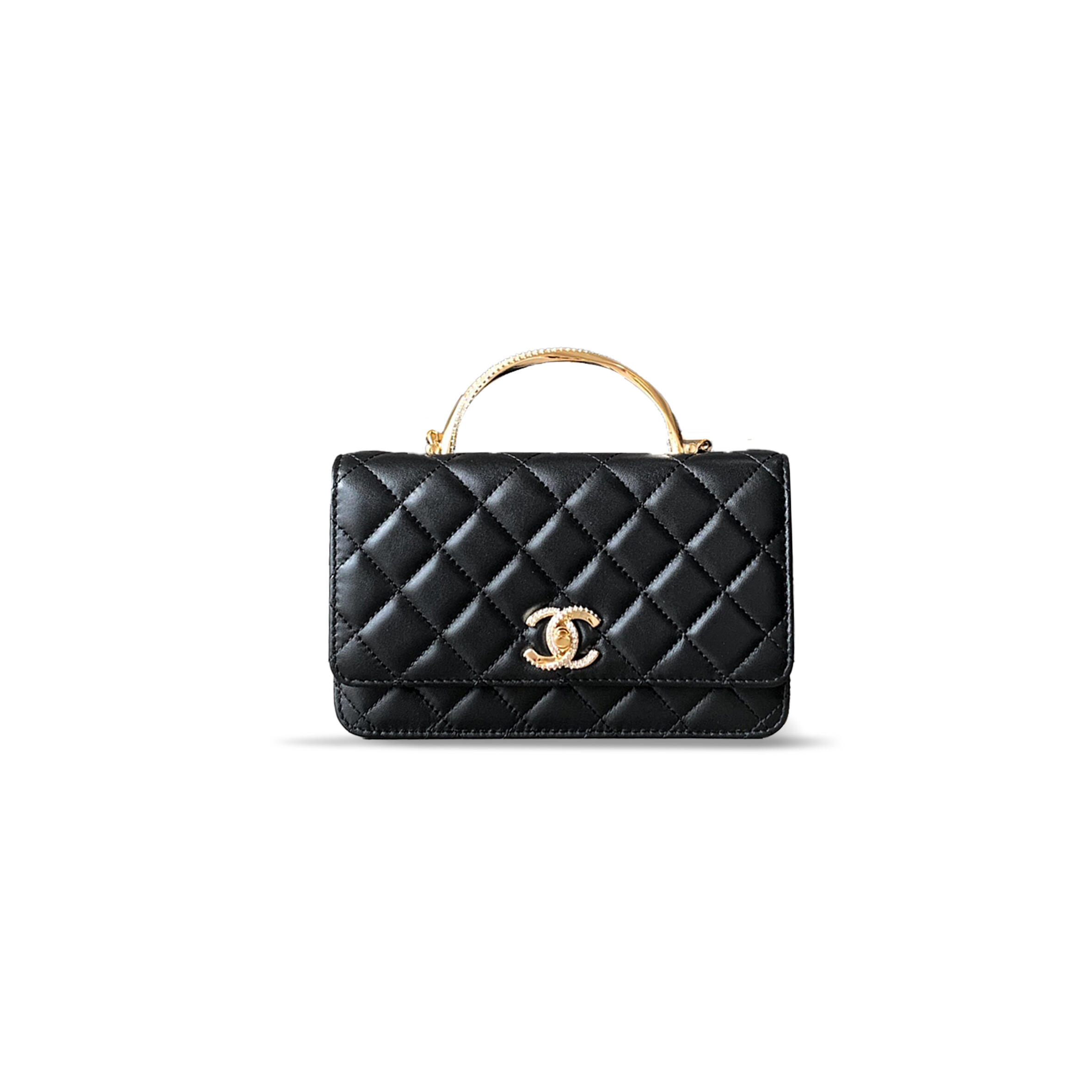 Ch*el large clutch with chain lambskin, strass & gold-tone metal black 796353 (19.2**12.3*3.5cm)